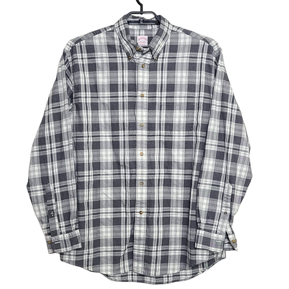 Mens Brooks Brothers Madison Button Front Shirt Plaid Size Large Gray White - Picture 1 of 5